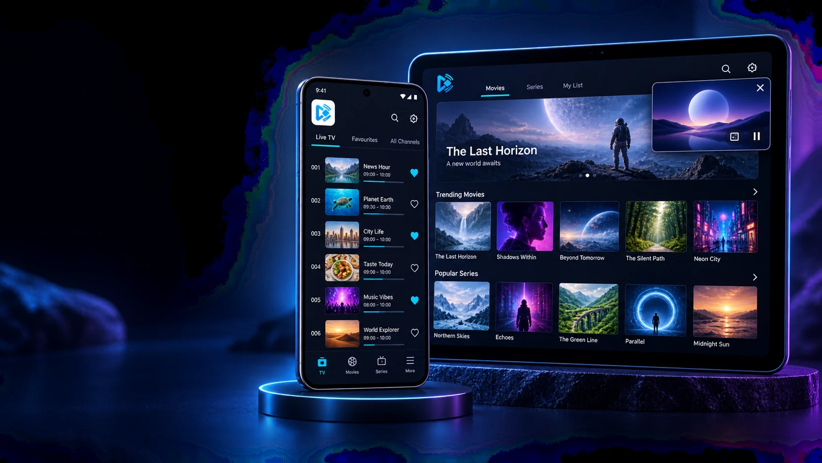 Illustrative Kayan TV IPTV player running on an Android phone and tablet