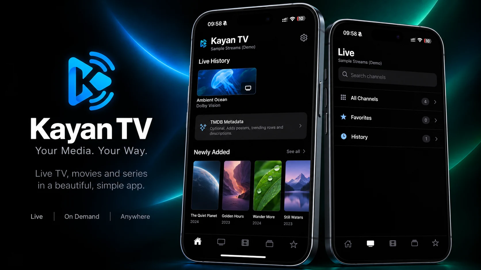 Kayan TV IPTV player home and live source screens on iPhone