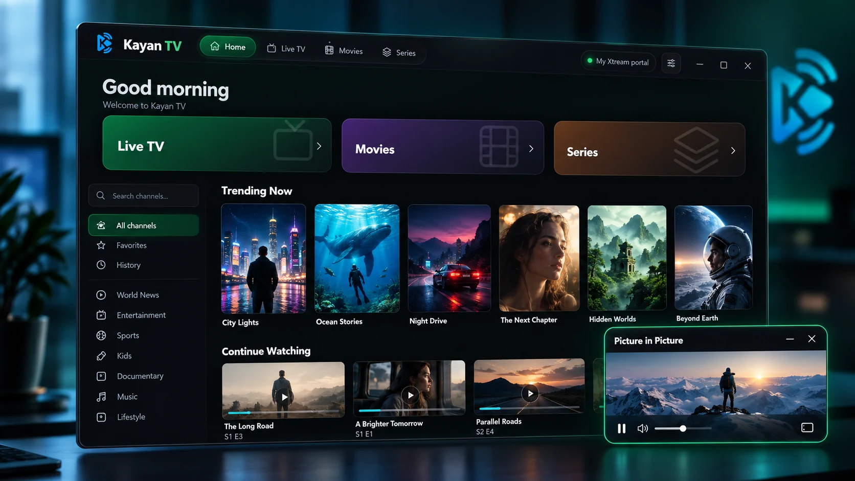 Kayan TV IPTV player on Windows with desktop Picture in Picture
